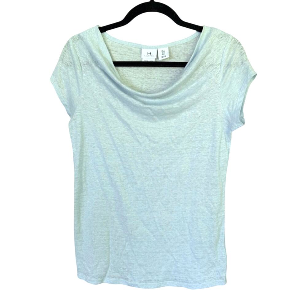 Halston 100% Linen Light Blue Cowl Neck Top Minimalist Short Sleeve